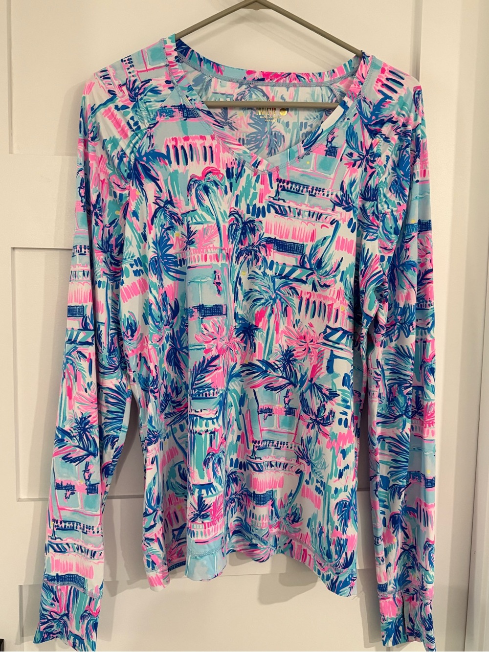 Lilly Pulitzer Luxletic Tropical Palm V-Neck Long Sleeve Top - Pink, Blue & Aqua